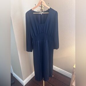 Nanette Lepore Navy Long-Sleeve Pleated Midi Dress